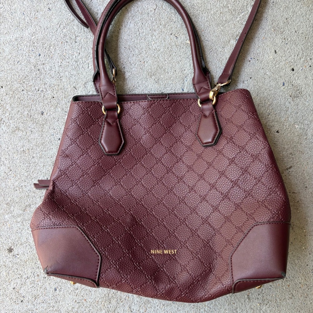 Nine West Burgundy Embossed Satchel Crossbody Bag Gold Hardware